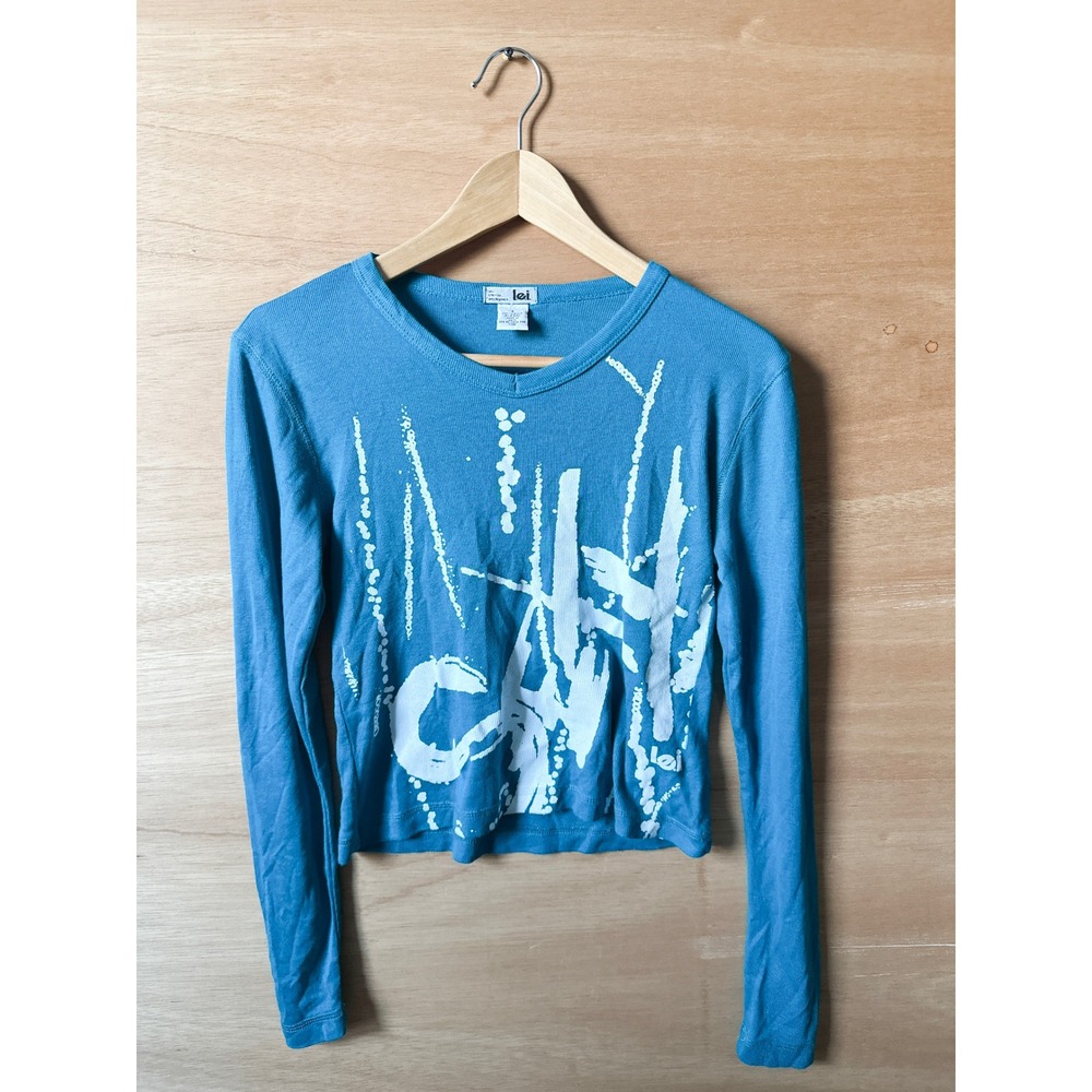 LEI y2k Womens Blue Acrylic Long Sleeve Graphic Top Size S